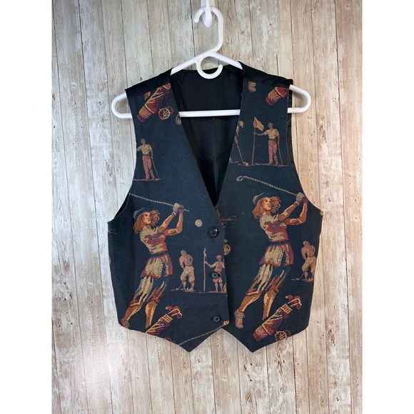 Vintage Tapestry Golf Vest Women's SizeMedium Black Rust Gold V Neck USA 90s - Picture 1 of 6